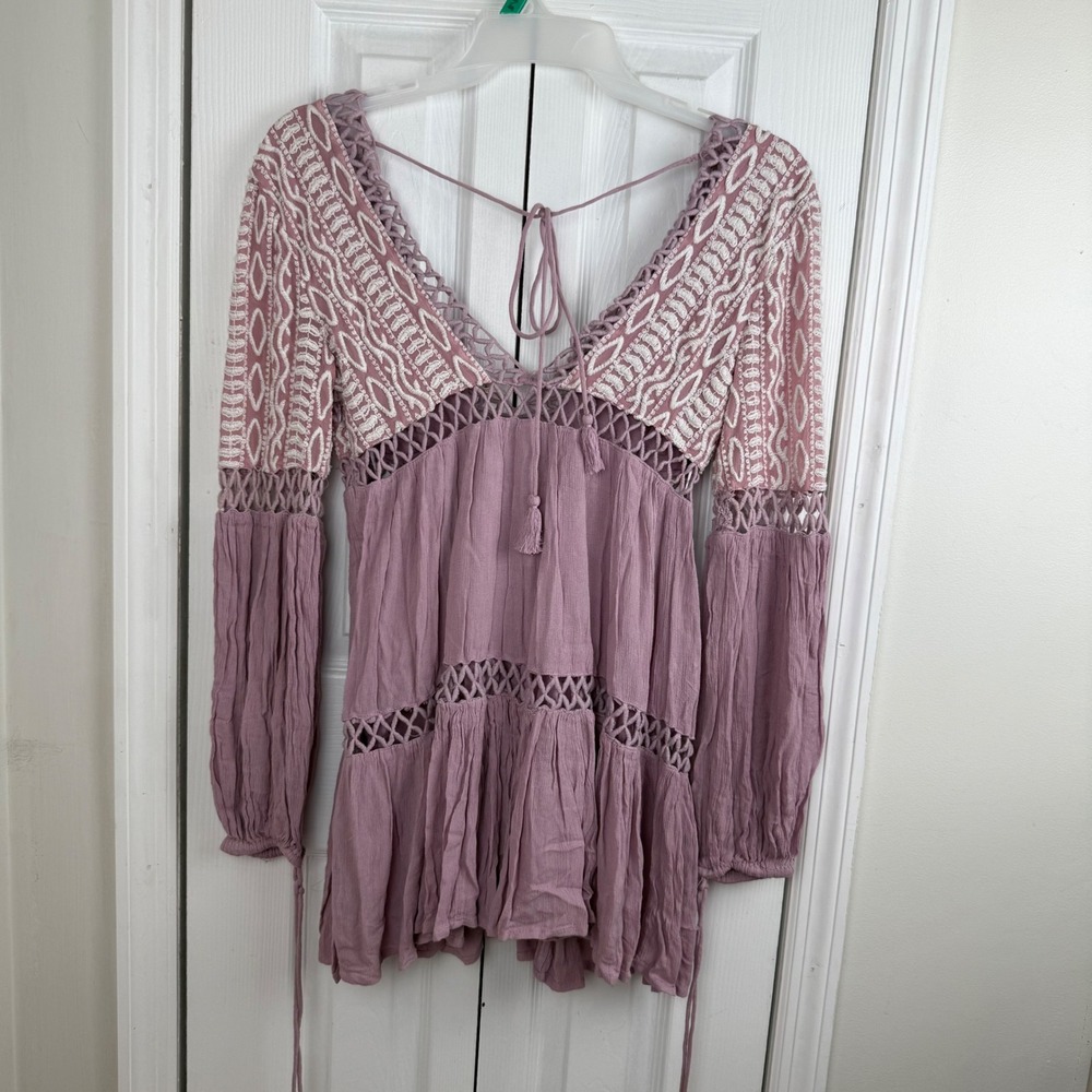Free People Dusk Till Dawn Mini Dress in Mauve Sz 6 Boho Lace Cottagecore - Picture 13 of 15